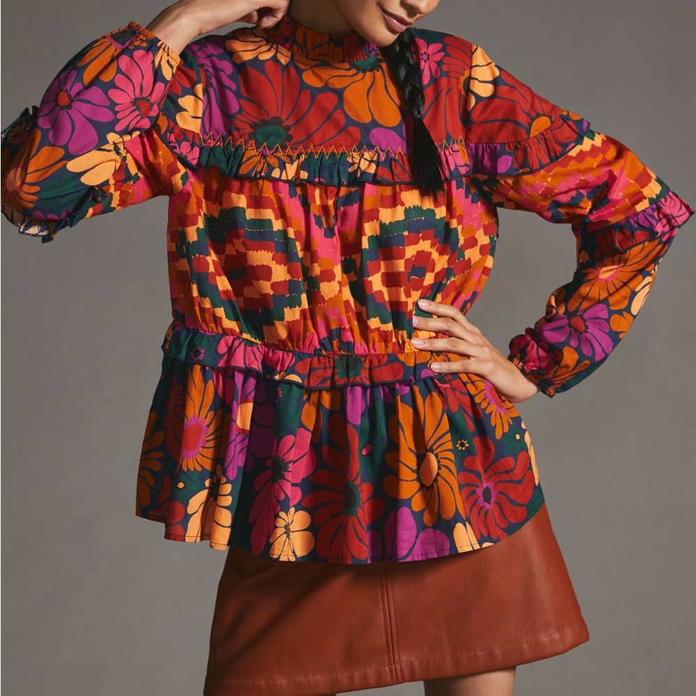 Farm Rio Vibrant Floral Blouse in Red, Pink, and Orange